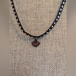 Black Suede Leather Studded Choker Necklace with Vampire Teeth Charm